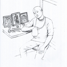 Drawing by inmate Brian B. —from California—depicting an inmate chanting in his cell, in front of his altar.
