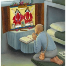 Drawing by inmate Brian B. —from California—depicting Tirtha dasa, chanting in his cell, in front of his Gaura-Nitai deities. Tirtha dasa is the only inmate, we know of, who was allowed to have deities in his cell.