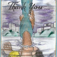 Drawing by inmate Burl D. —from Florida. Thank you card depicting Kṛṣṇa pulling a devotee from the ocean of birth and death.