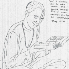 Drawing from Gerald N. —from Florida—depicting an inmate reading Bhagavad-Gita As It Is, in his prison cell.