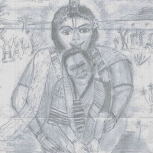 Drawing by inmate Krishna Kirtan dasa —from Virginia—depicting Lord Kṛṣṇa protecting Bhakti-latā dasi.