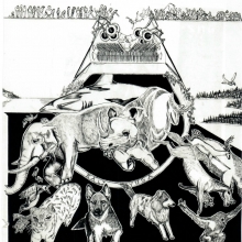 Drawing by unknown inmate depicting humans reincarnating as animals.